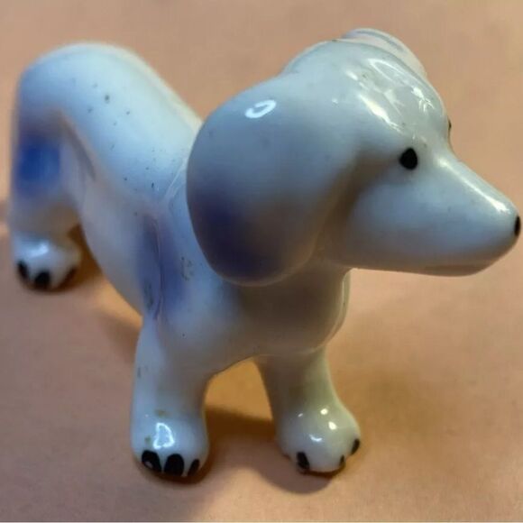Porcelain Mini Puppy Dog Dachshund Figurine Vintage White W Blue - Picture 2 of 8